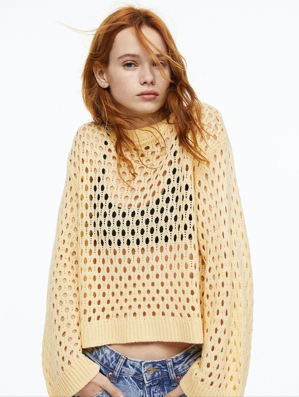 H&M Pale Yellow Hole-Knit Crewneck Sweater